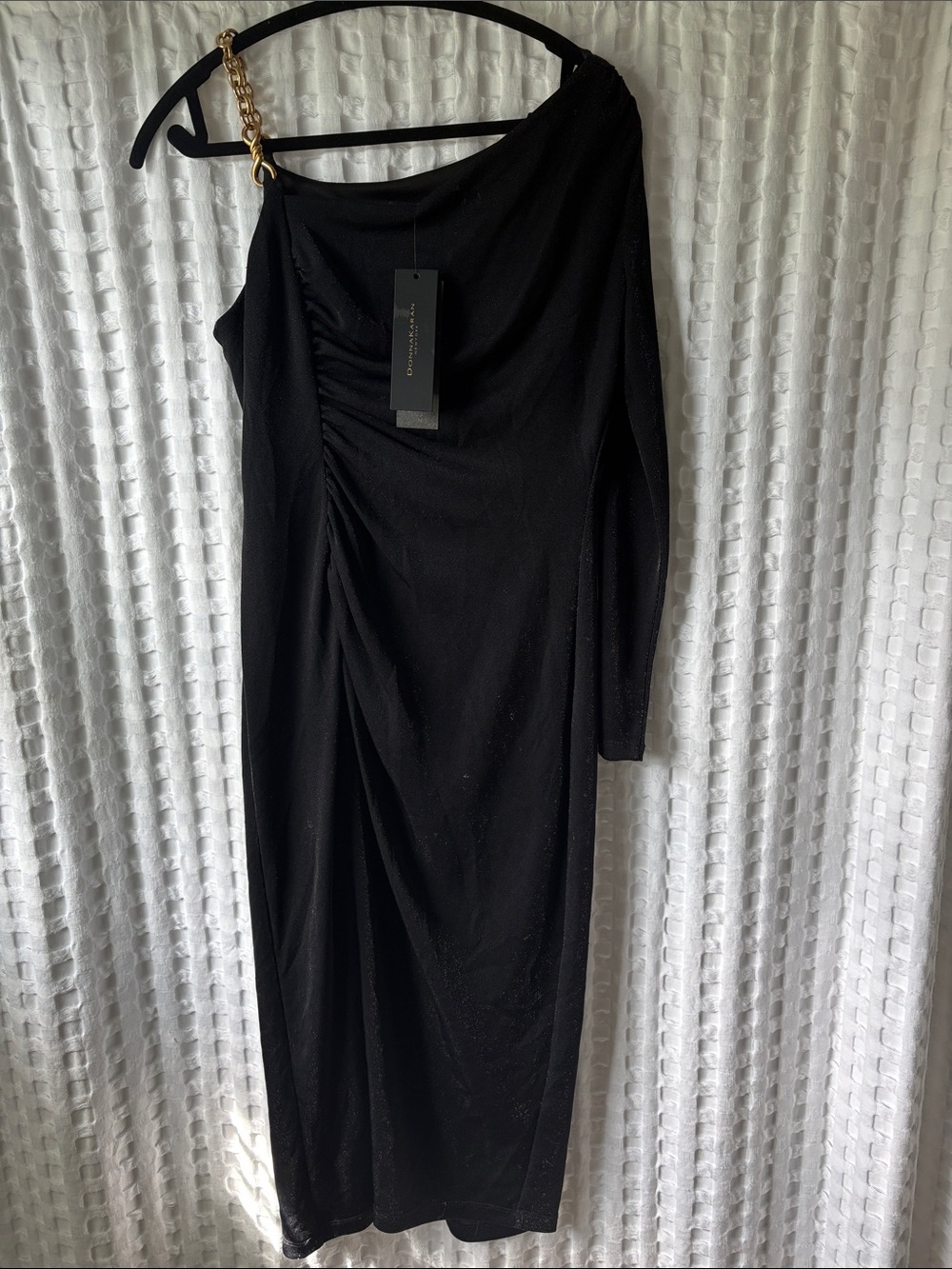 Asymmetrical One-Shoulder Black Dress with Chain Strap NWT Donna Karen